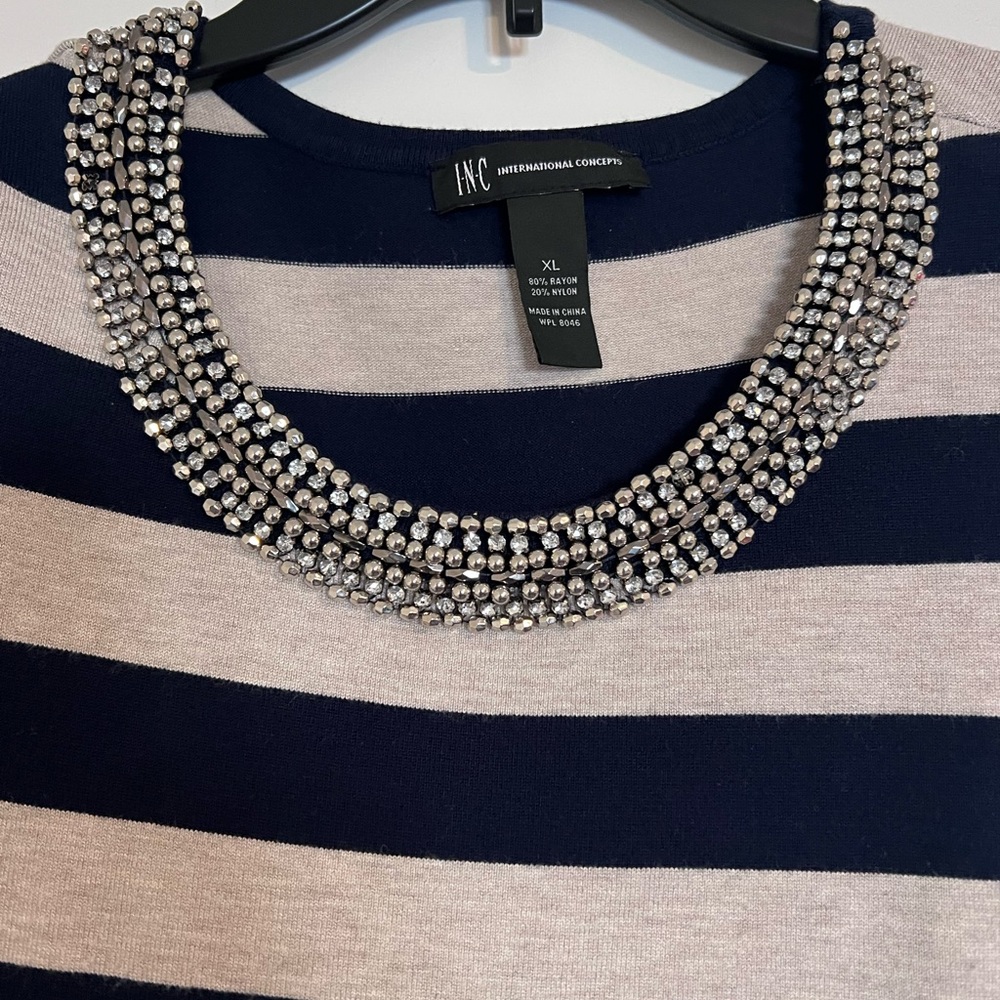 Navy and tan striped top with jeweled neckline